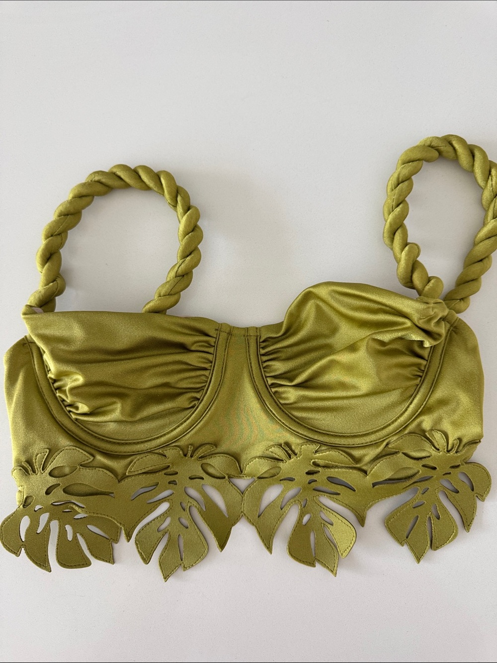 Bahia Maria for Anthropologie -Olive Green Leaf-Trim Top with Braided Straps